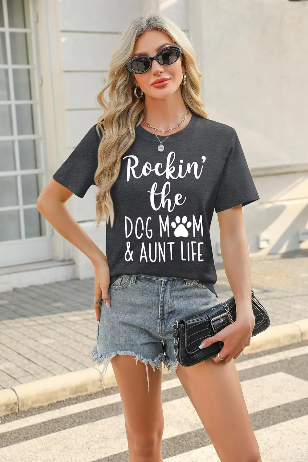 ALLTB Dog Mom Shirt Women Funny Dog Paw Graphic Shirt Rockin' The Dogs Mom Aunt Life Tshirt Dogs Lover Short Sleeve Tops