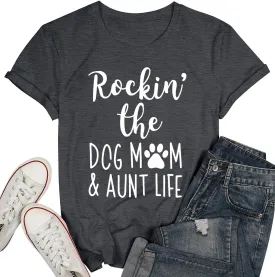 ALLTB Dog Mom Shirt Women Funny Dog Paw Graphic Shirt Rockin' The Dogs Mom Aunt Life Tshirt Dogs Lover Short Sleeve Tops