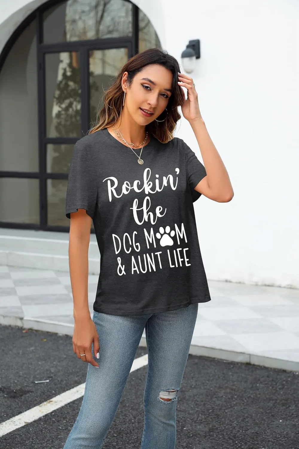 ALLTB Dog Mom Shirt Women Funny Dog Paw Graphic Shirt Rockin' The Dogs Mom Aunt Life Tshirt Dogs Lover Short Sleeve Tops