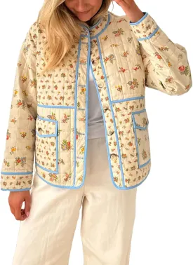 Alyweatry Quilted Jacket for Women Vintage Lightweight Padded Puffer Coat Open Front Patchwork Bomber Warm Outwear
