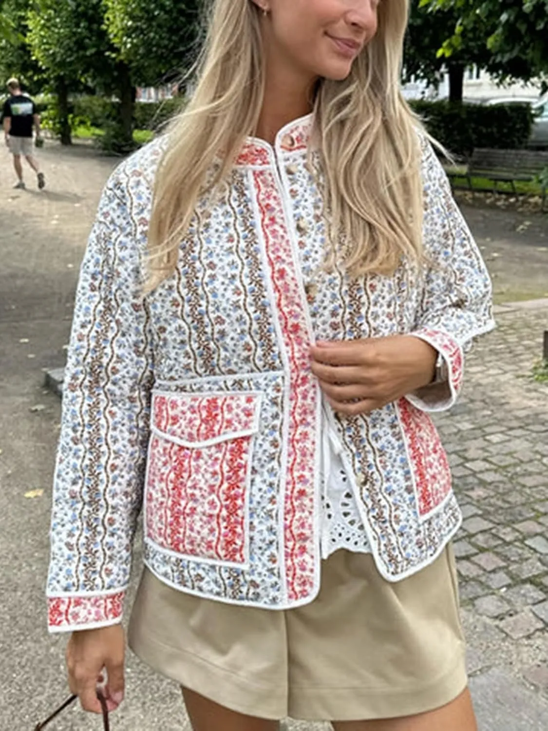 Alyweatry Quilted Jacket for Women Vintage Lightweight Padded Puffer Coat Open Front Patchwork Bomber Warm Outwear