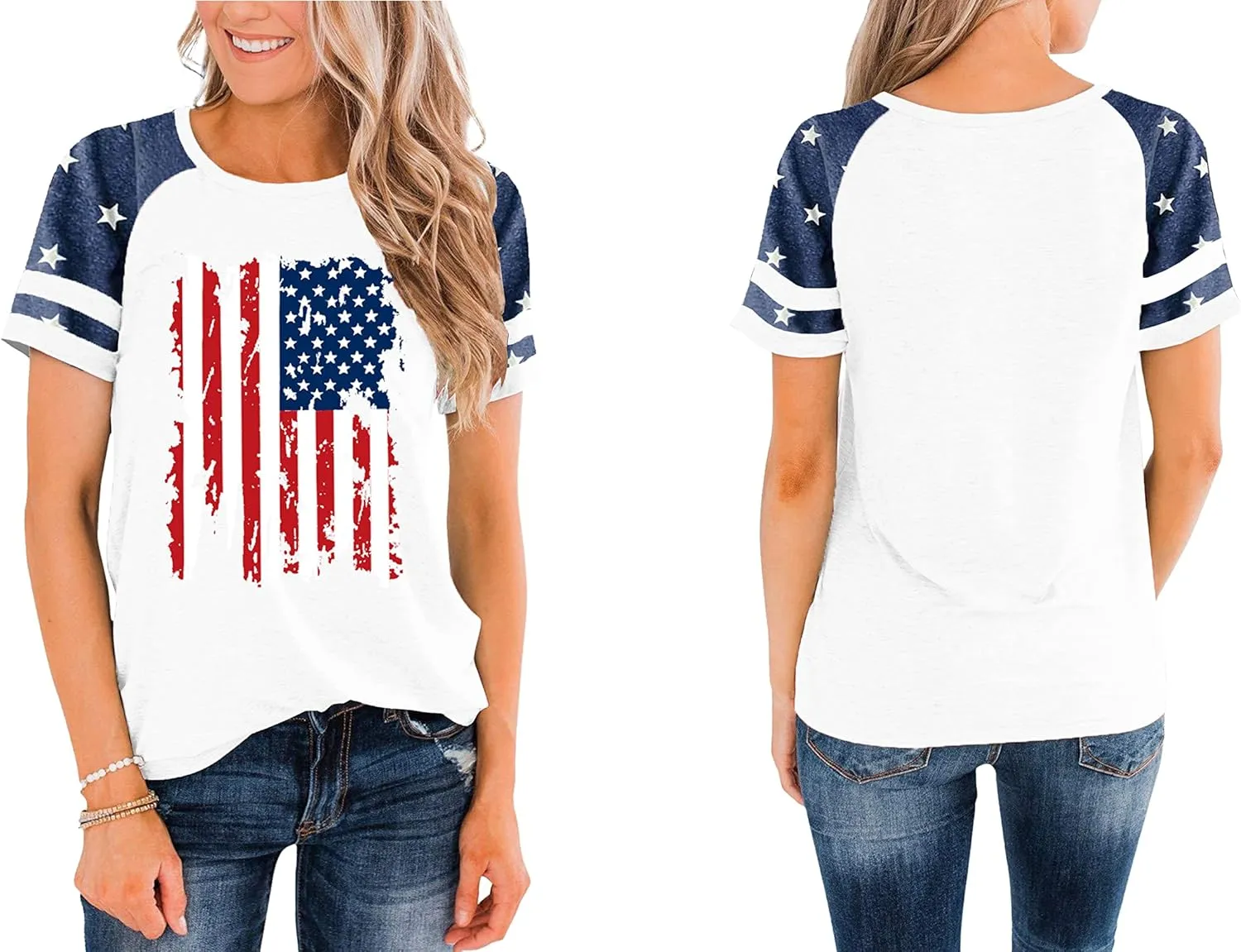 American Flag Shirt Women 4th of July Shirts USA Flag Graphic Patriotic Tshirt Raglan Color Block Tops