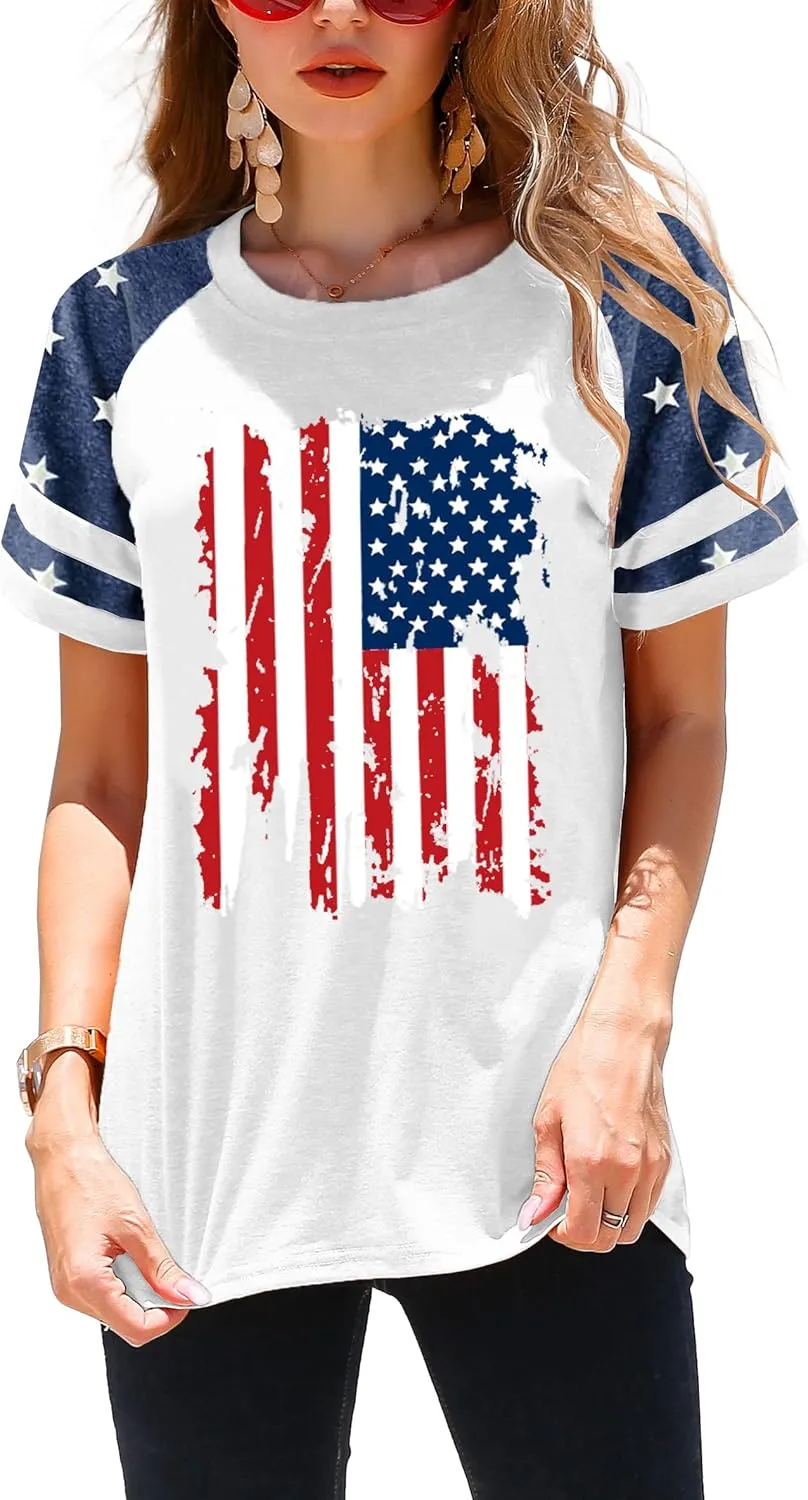 American Flag Shirt Women 4th of July Shirts USA Flag Graphic Patriotic Tshirt Raglan Color Block Tops