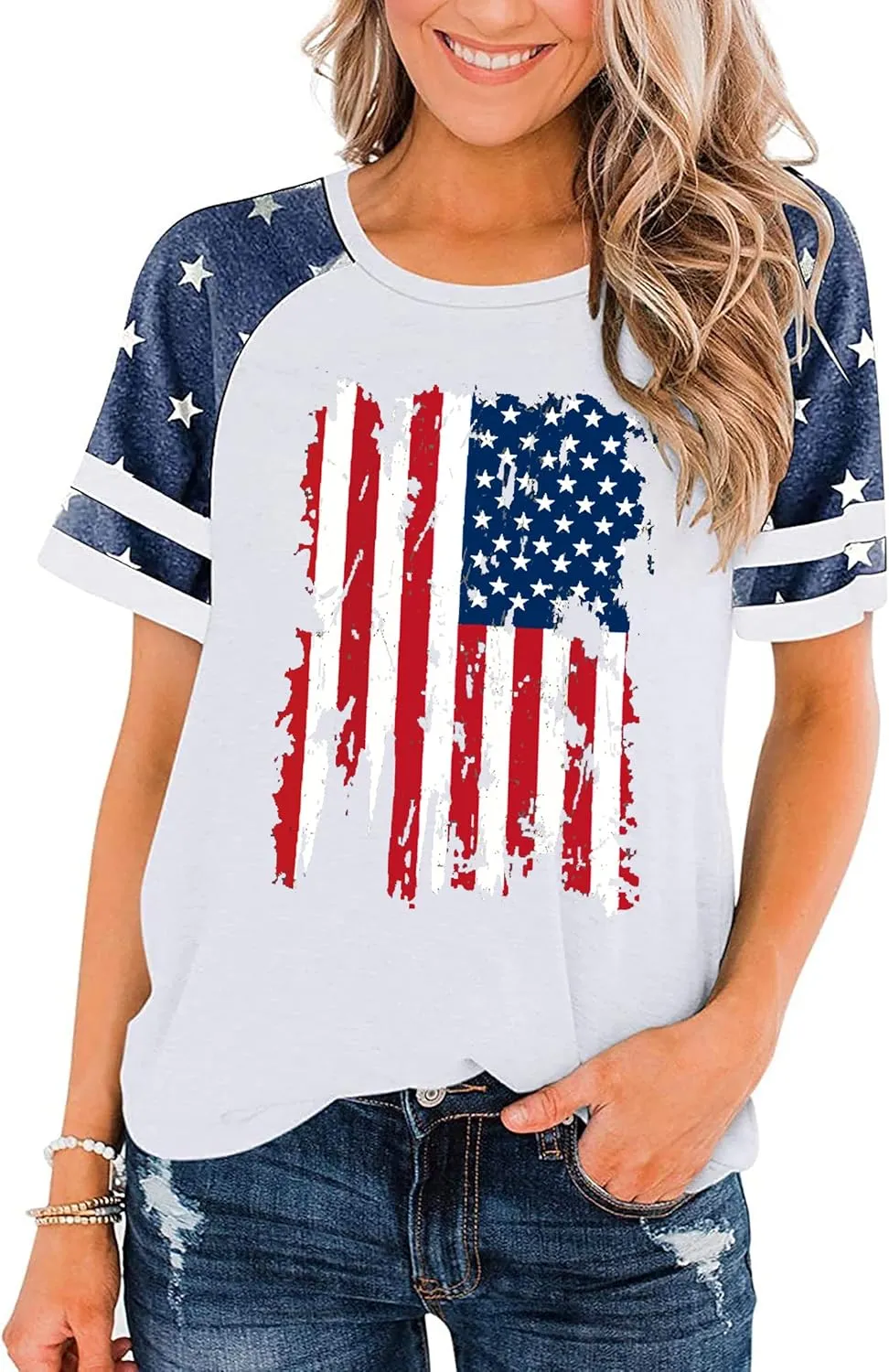 American Flag Shirt Women 4th of July Shirts USA Flag Graphic Patriotic Tshirt Raglan Color Block Tops