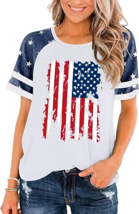 American Flag Shirt Women 4th of July Shirts USA Flag Graphic Patriotic Tshirt Raglan Color Block Tops