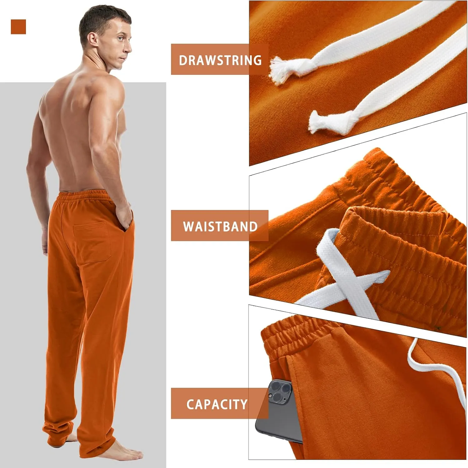 AMY COULEE Mens Cotton Athletic Pants Open Bottom Running Sweatpants Straight Leg Casual Joggers with Pockets