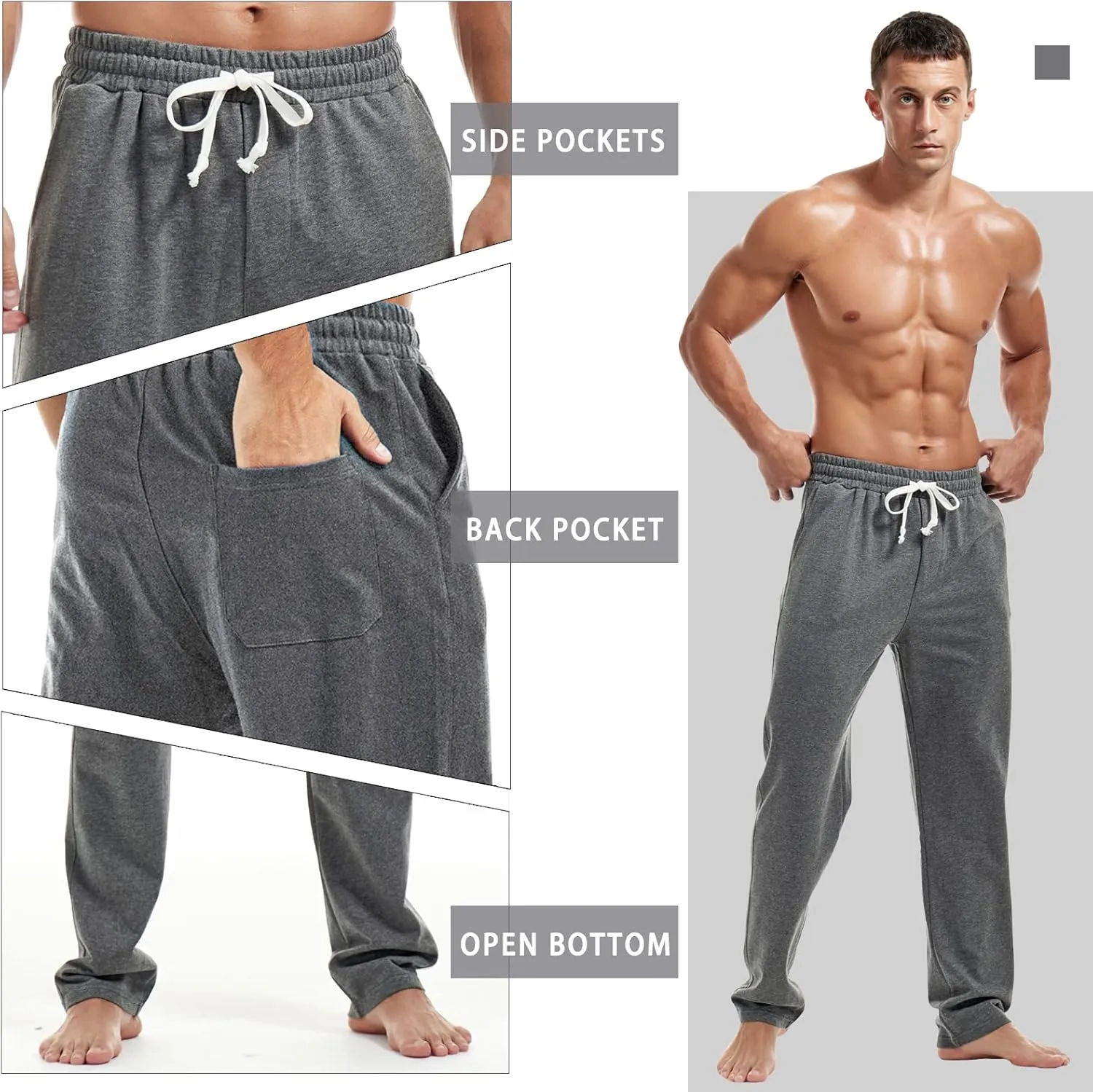 AMY COULEE Mens Cotton Athletic Pants Open Bottom Running Sweatpants Straight Leg Casual Joggers with Pockets