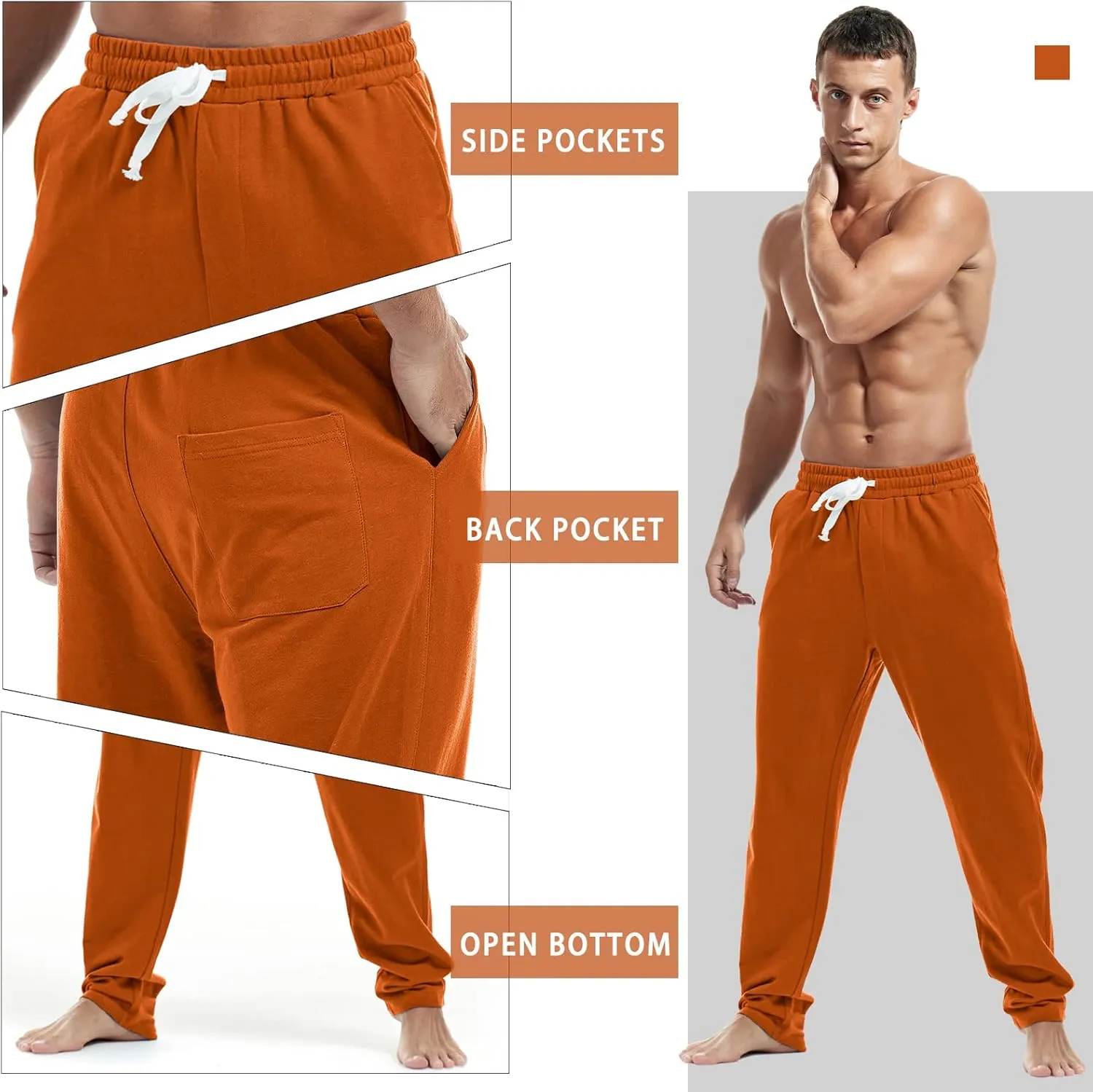 AMY COULEE Mens Cotton Athletic Pants Open Bottom Running Sweatpants Straight Leg Casual Joggers with Pockets