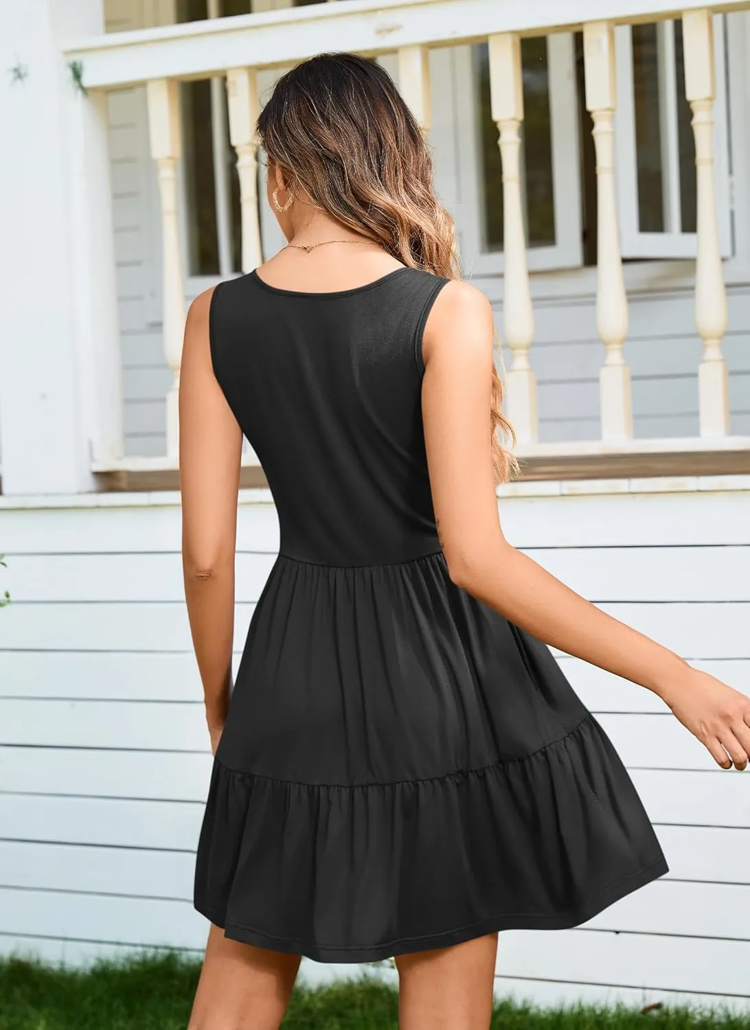 AUSELILY Womens Summer Dress Casual Sleeveless Crewneck T Shirt Sundress Flowy Tiered Swing Mini Dresses