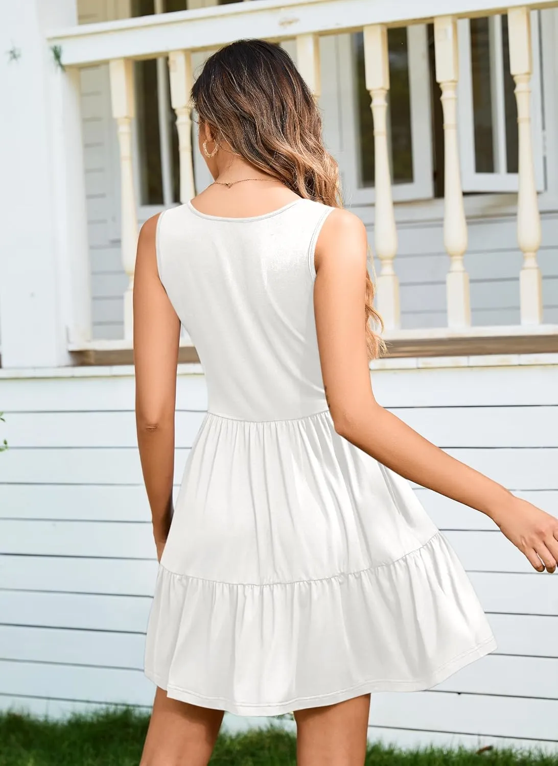 AUSELILY Womens Summer Dress Casual Sleeveless Crewneck T Shirt Sundress Flowy Tiered Swing Mini Dresses