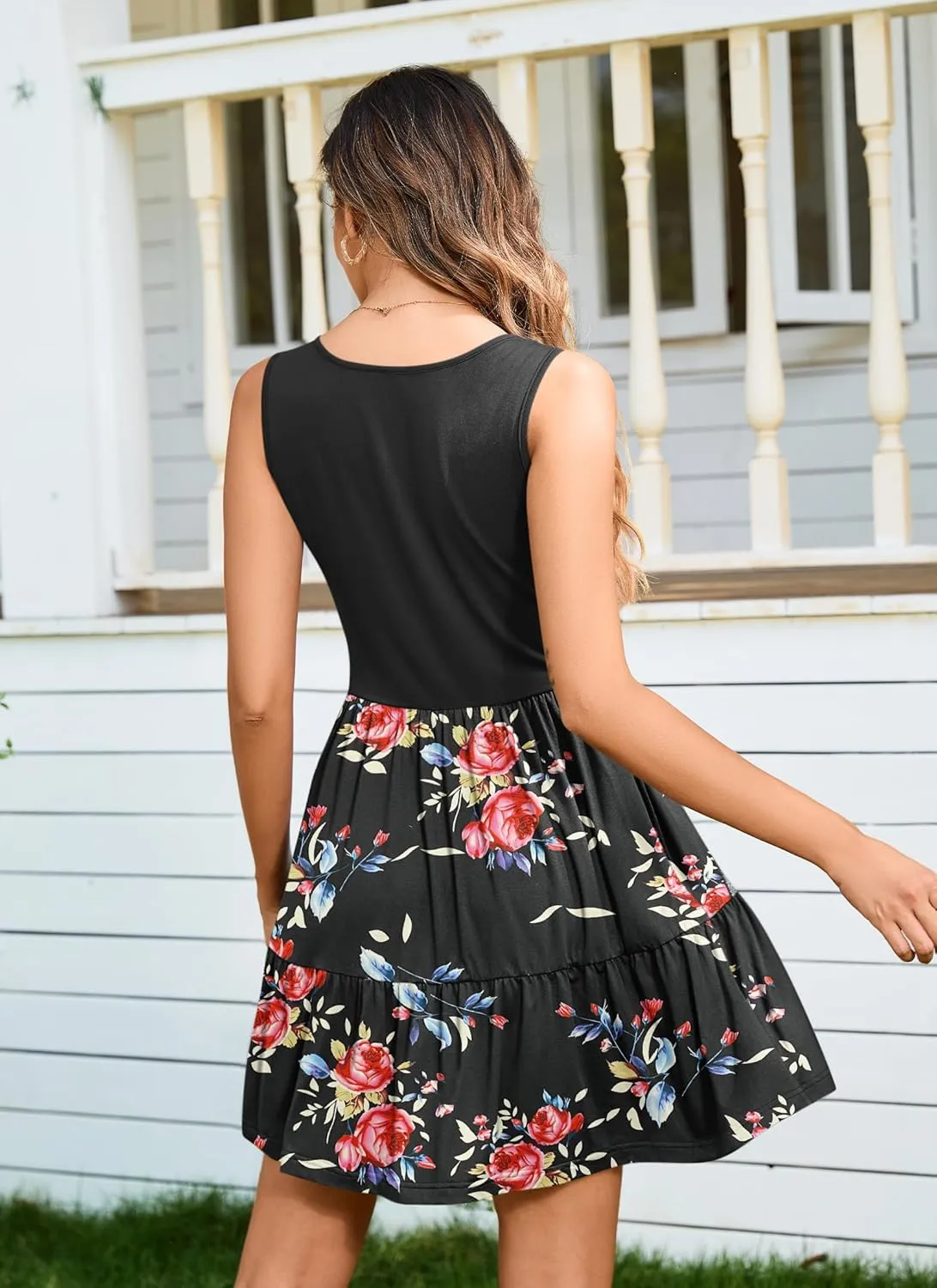 AUSELILY Womens Summer Dress Casual Sleeveless Crewneck T Shirt Sundress Flowy Tiered Swing Mini Dresses