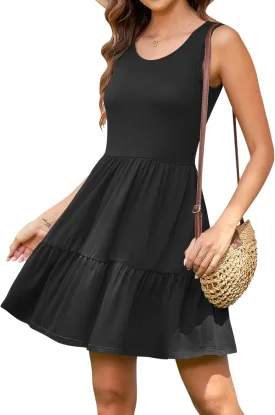 AUSELILY Womens Summer Dress Casual Sleeveless Crewneck T Shirt Sundress Flowy Tiered Swing Mini Dresses