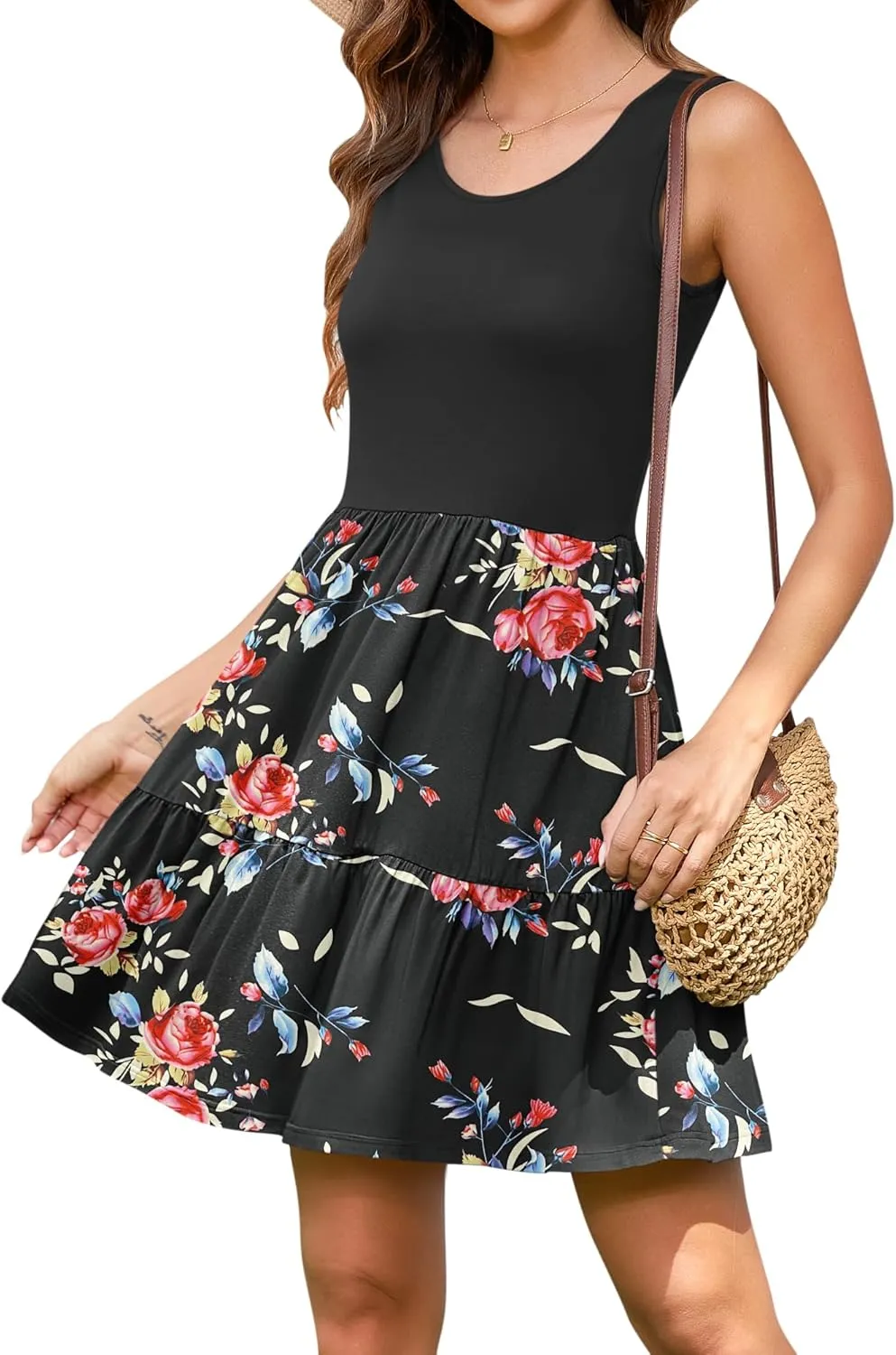 AUSELILY Womens Summer Dress Casual Sleeveless Crewneck T Shirt Sundress Flowy Tiered Swing Mini Dresses
