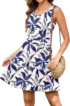 AUSELILY Womens Summer Dress Casual Sleeveless Crewneck T Shirt Sundress Flowy Tiered Swing Mini Dresses