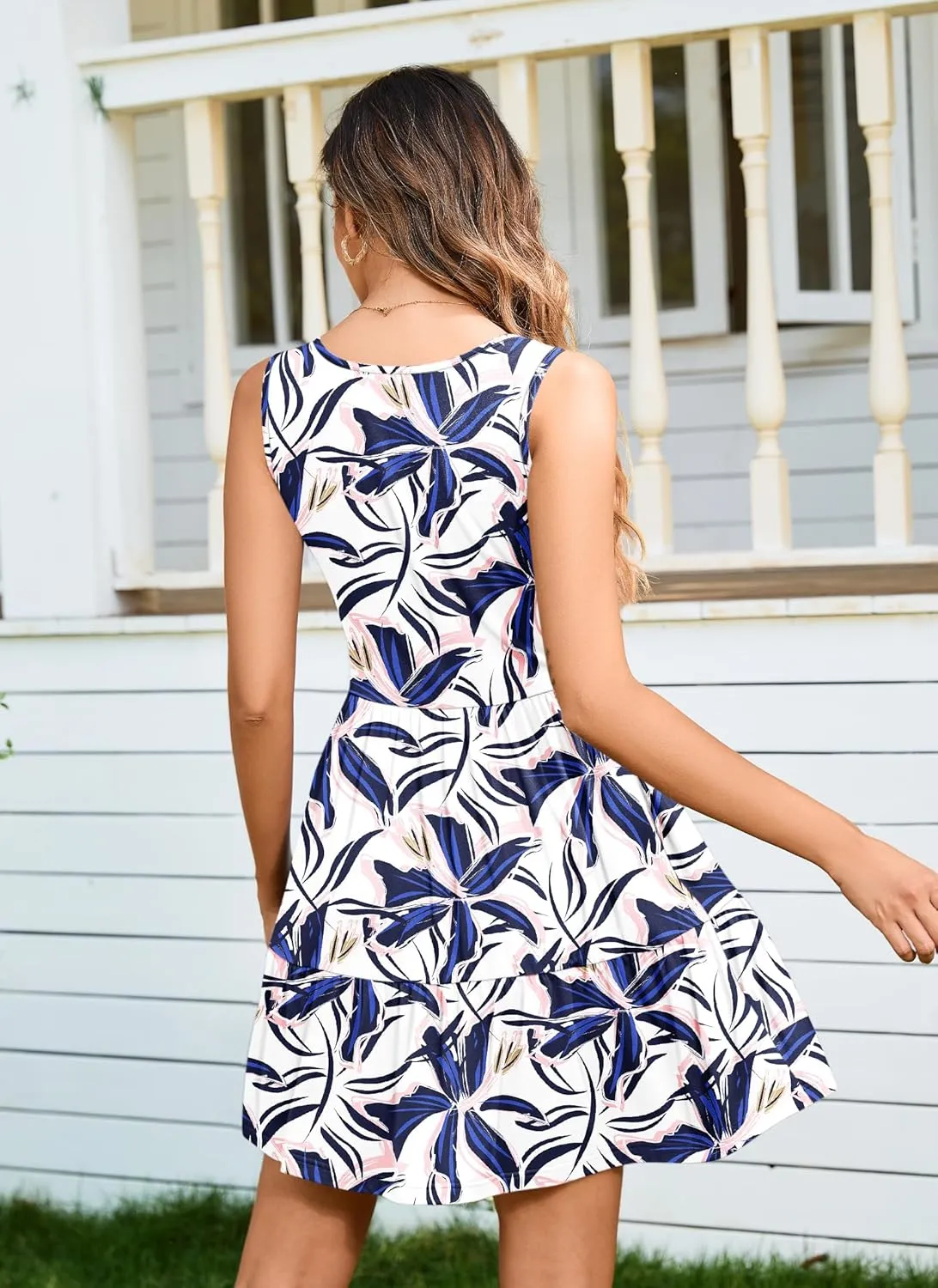 AUSELILY Womens Summer Dress Casual Sleeveless Crewneck T Shirt Sundress Flowy Tiered Swing Mini Dresses