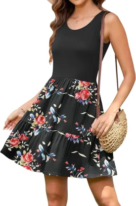 AUSELILY Womens Summer Dress Casual Sleeveless Crewneck T Shirt Sundress Flowy Tiered Swing Mini Dresses