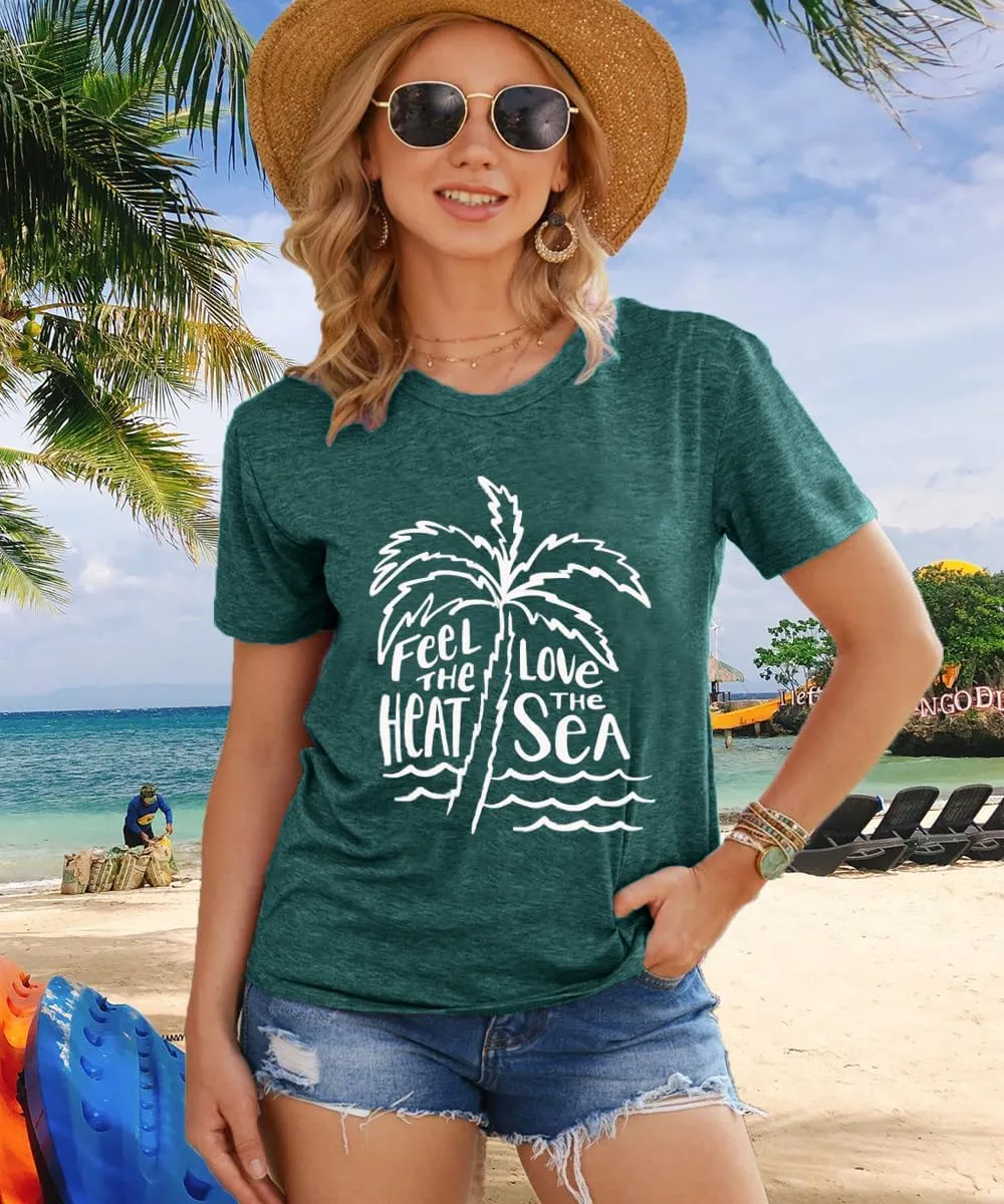 Beach Tshirts Shirts for Women Fun Hawaiian Shirts Coconut Tree Letter Print Graphic Tee Summer Holiday Vacation Tops