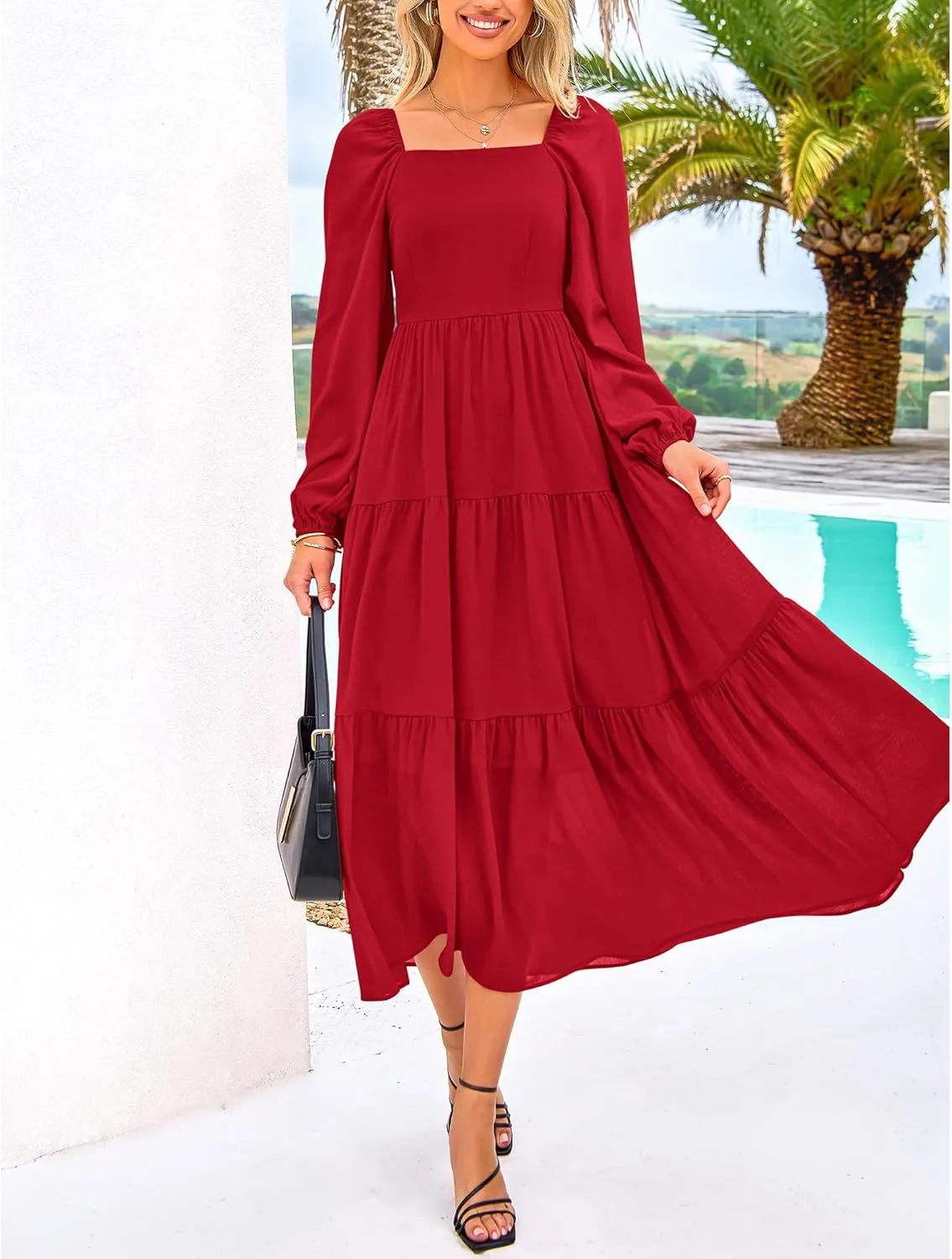BTFBM Women Formal Dress Spring Square Neck Puff Long Sleeve Smocked Tiered Flowy Wedding Guest Maxi Dresses Pockets