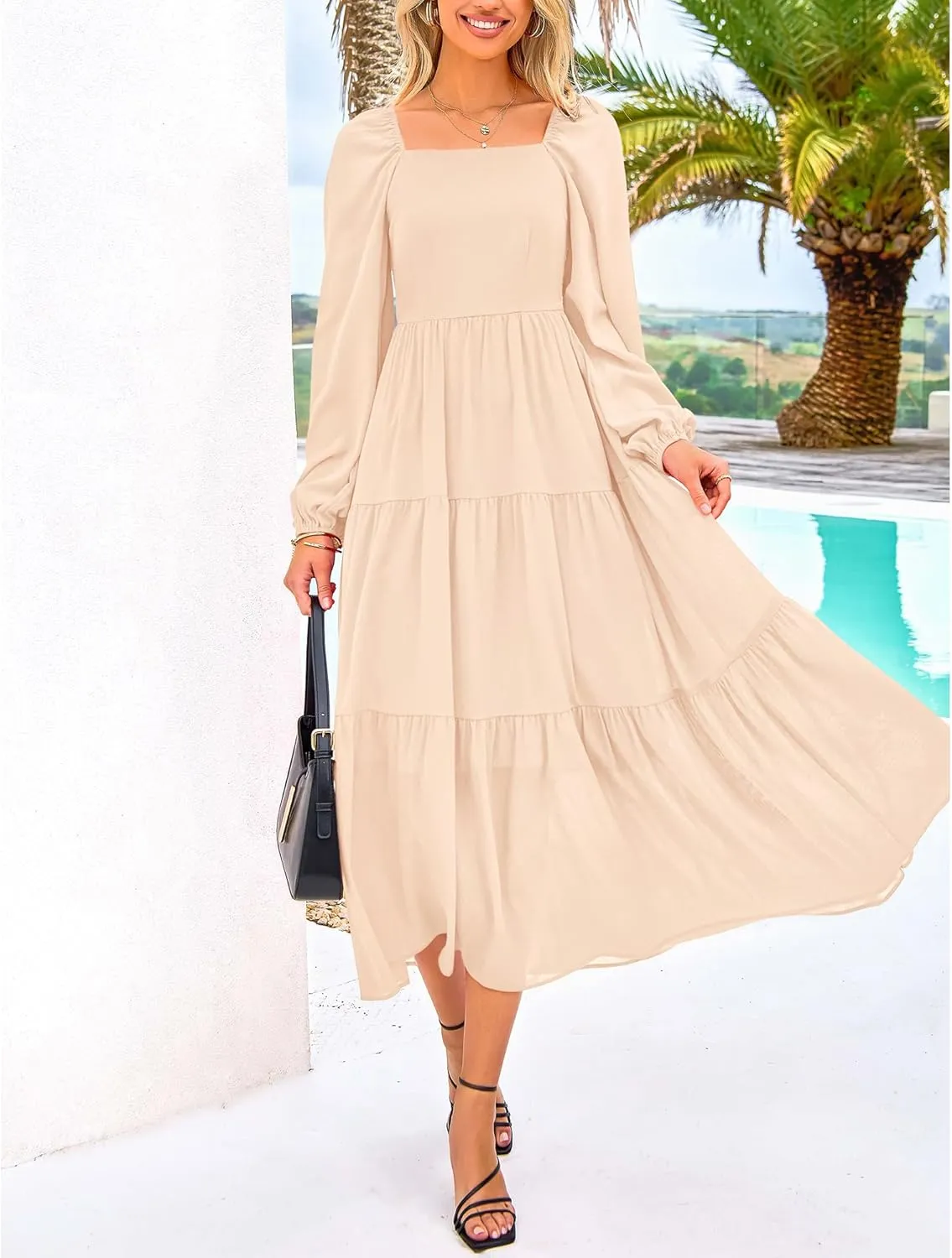 BTFBM Women Formal Dress Spring Square Neck Puff Long Sleeve Smocked Tiered Flowy Wedding Guest Maxi Dresses Pockets