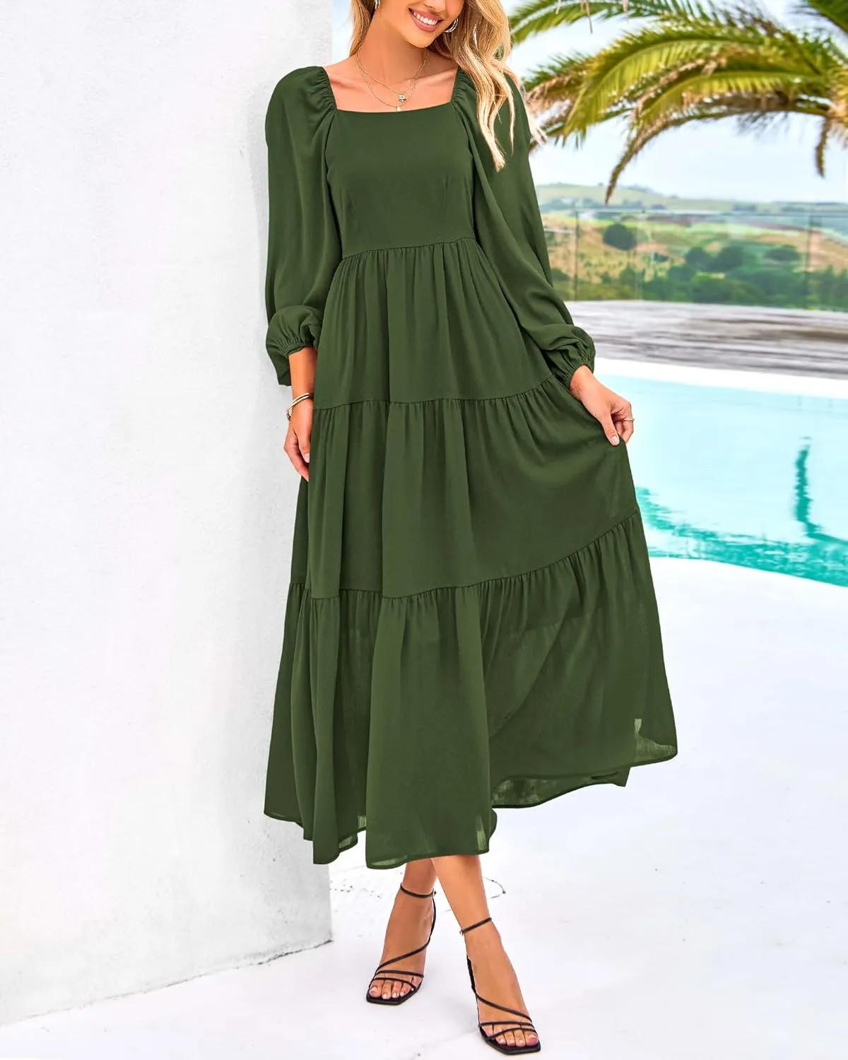 BTFBM Women Formal Dress Spring Square Neck Puff Long Sleeve Smocked Tiered Flowy Wedding Guest Maxi Dresses Pockets