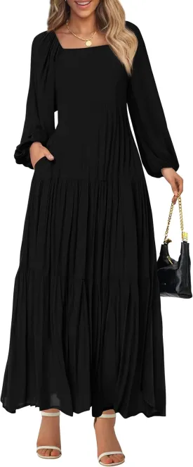 BTFBM Women Formal Dress Spring Square Neck Puff Long Sleeve Smocked Tiered Flowy Wedding Guest Maxi Dresses Pockets