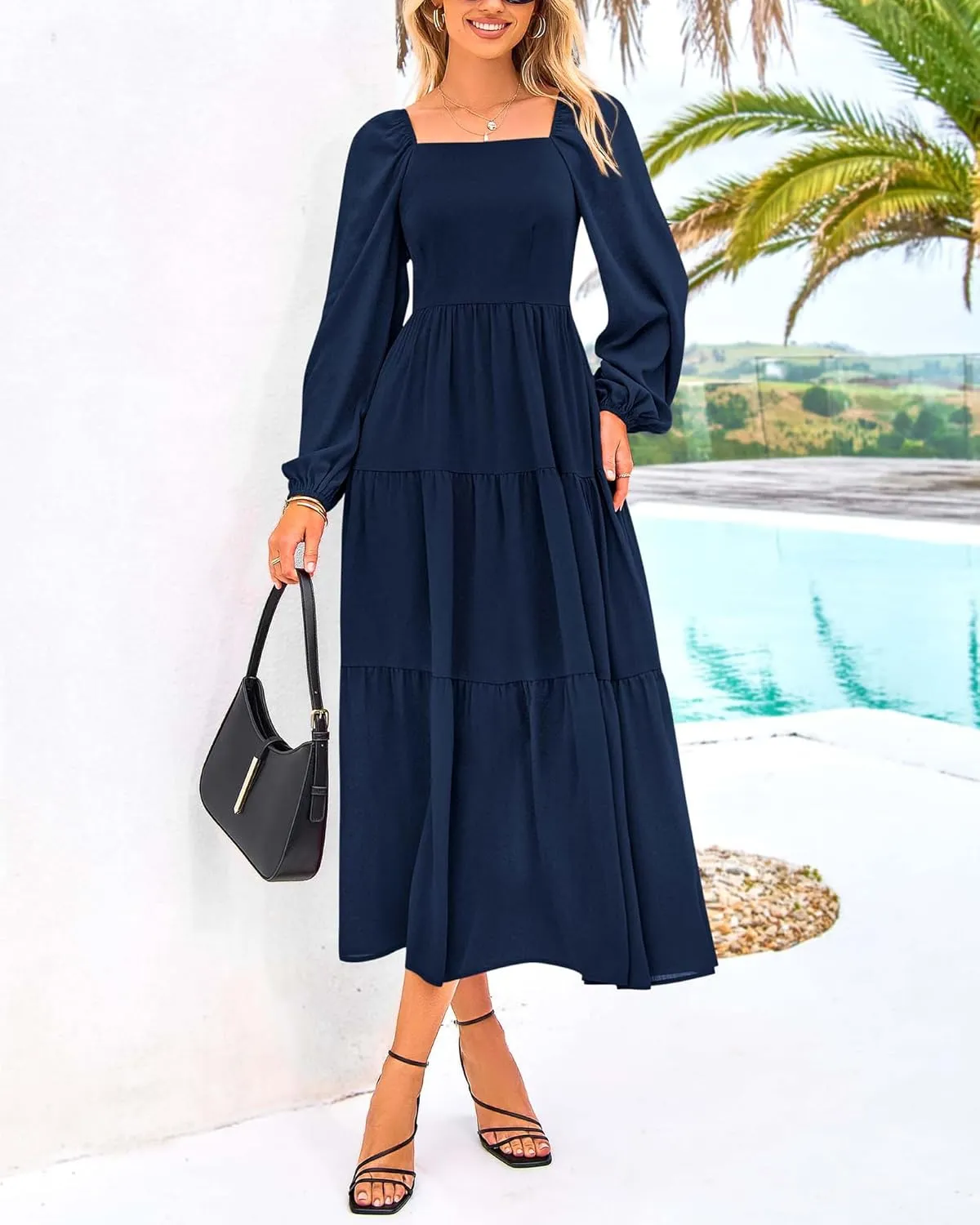 BTFBM Women Formal Dress Spring Square Neck Puff Long Sleeve Smocked Tiered Flowy Wedding Guest Maxi Dresses Pockets