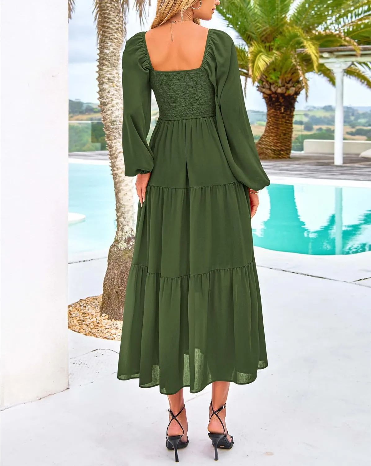 BTFBM Women Formal Dress Spring Square Neck Puff Long Sleeve Smocked Tiered Flowy Wedding Guest Maxi Dresses Pockets