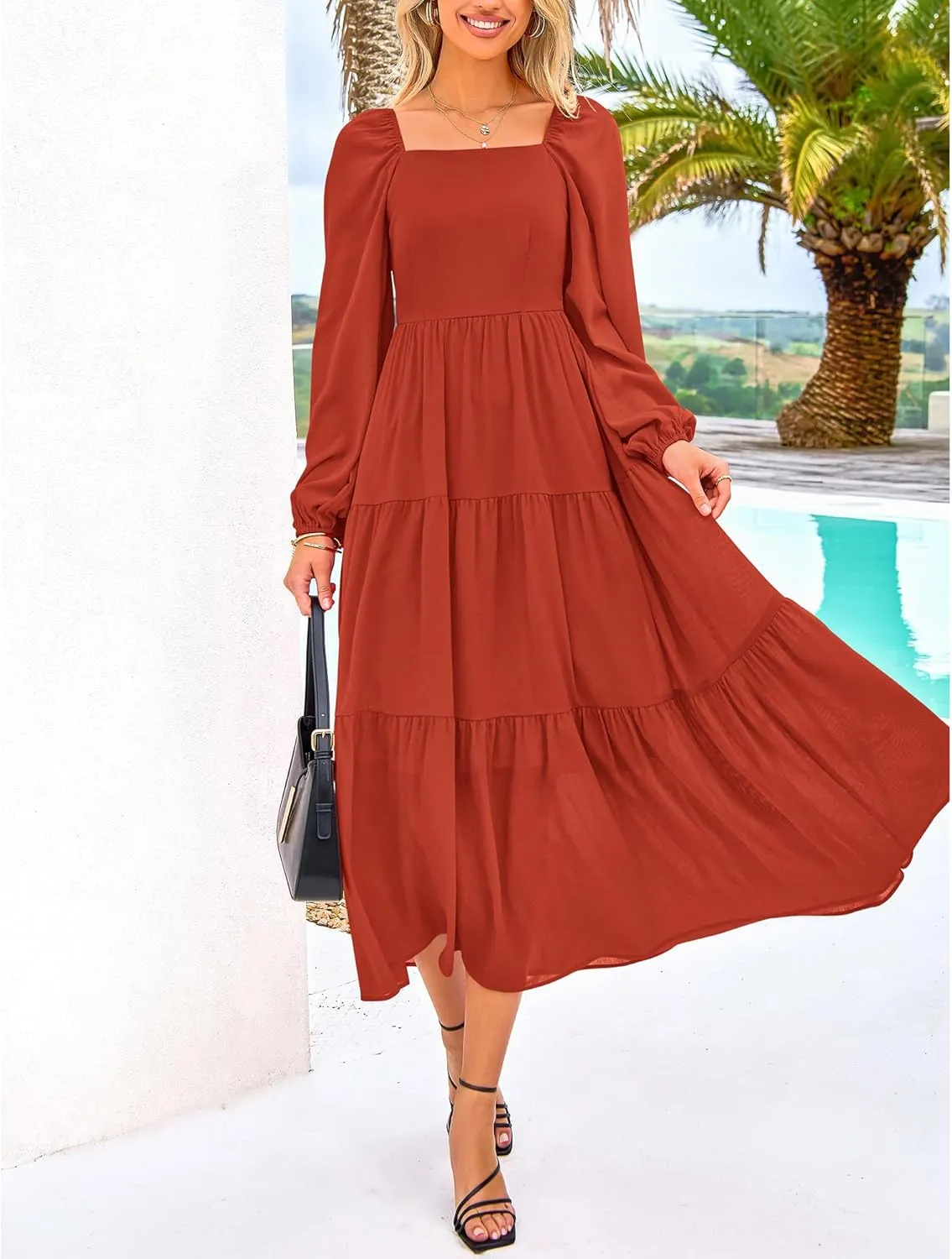 BTFBM Women Formal Dress Spring Square Neck Puff Long Sleeve Smocked Tiered Flowy Wedding Guest Maxi Dresses Pockets