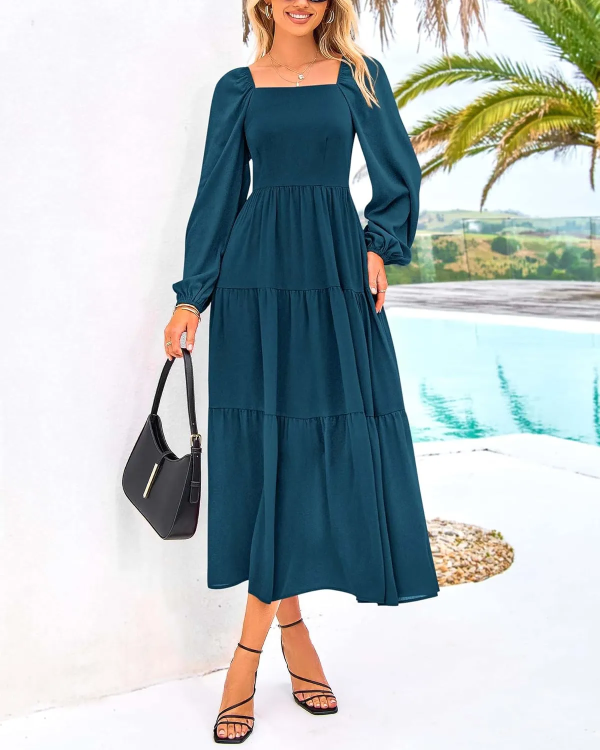 BTFBM Women Formal Dress Spring Square Neck Puff Long Sleeve Smocked Tiered Flowy Wedding Guest Maxi Dresses Pockets