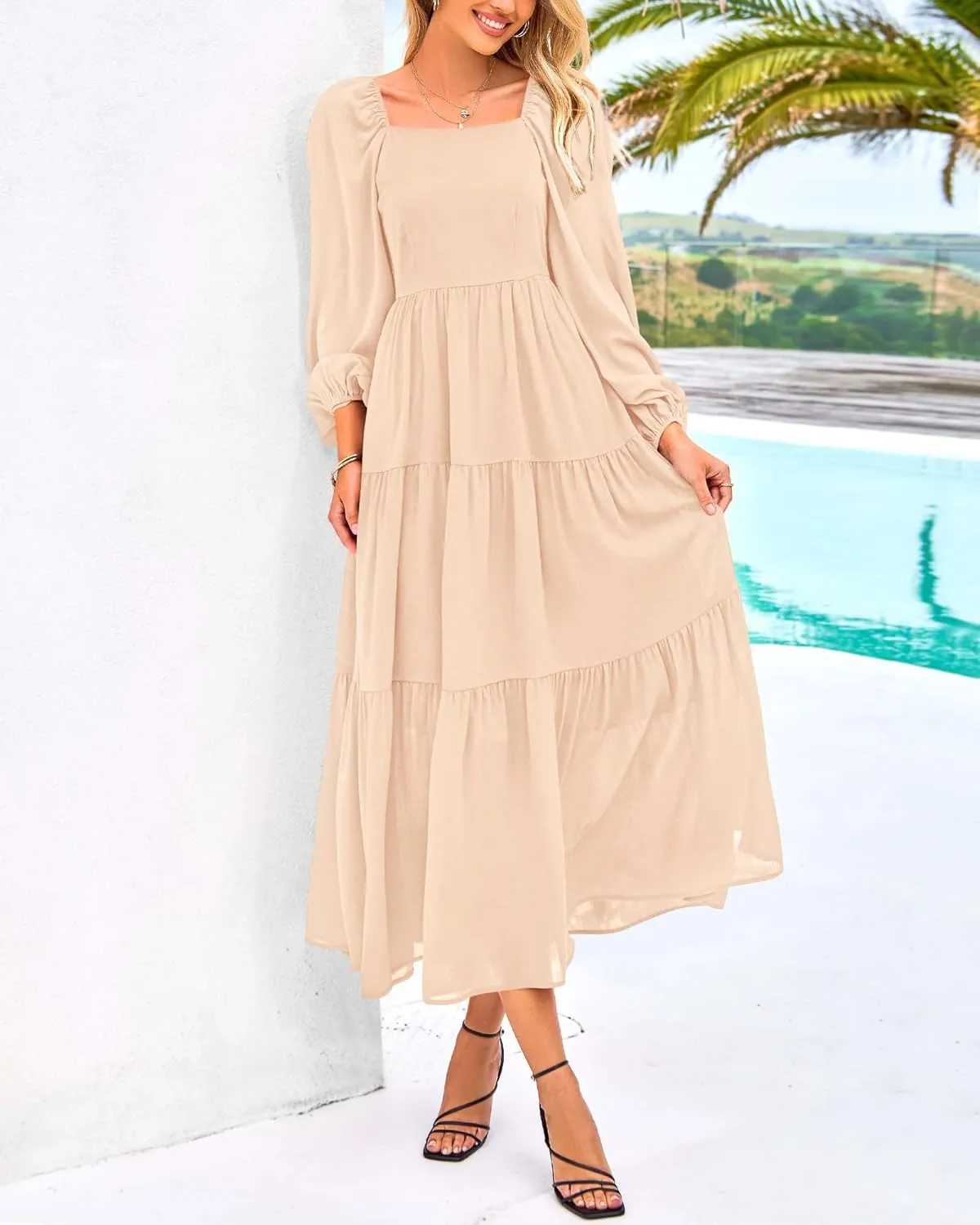 BTFBM Women Formal Dress Spring Square Neck Puff Long Sleeve Smocked Tiered Flowy Wedding Guest Maxi Dresses Pockets