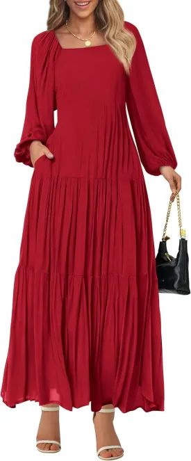 BTFBM Women Formal Dress Spring Square Neck Puff Long Sleeve Smocked Tiered Flowy Wedding Guest Maxi Dresses Pockets