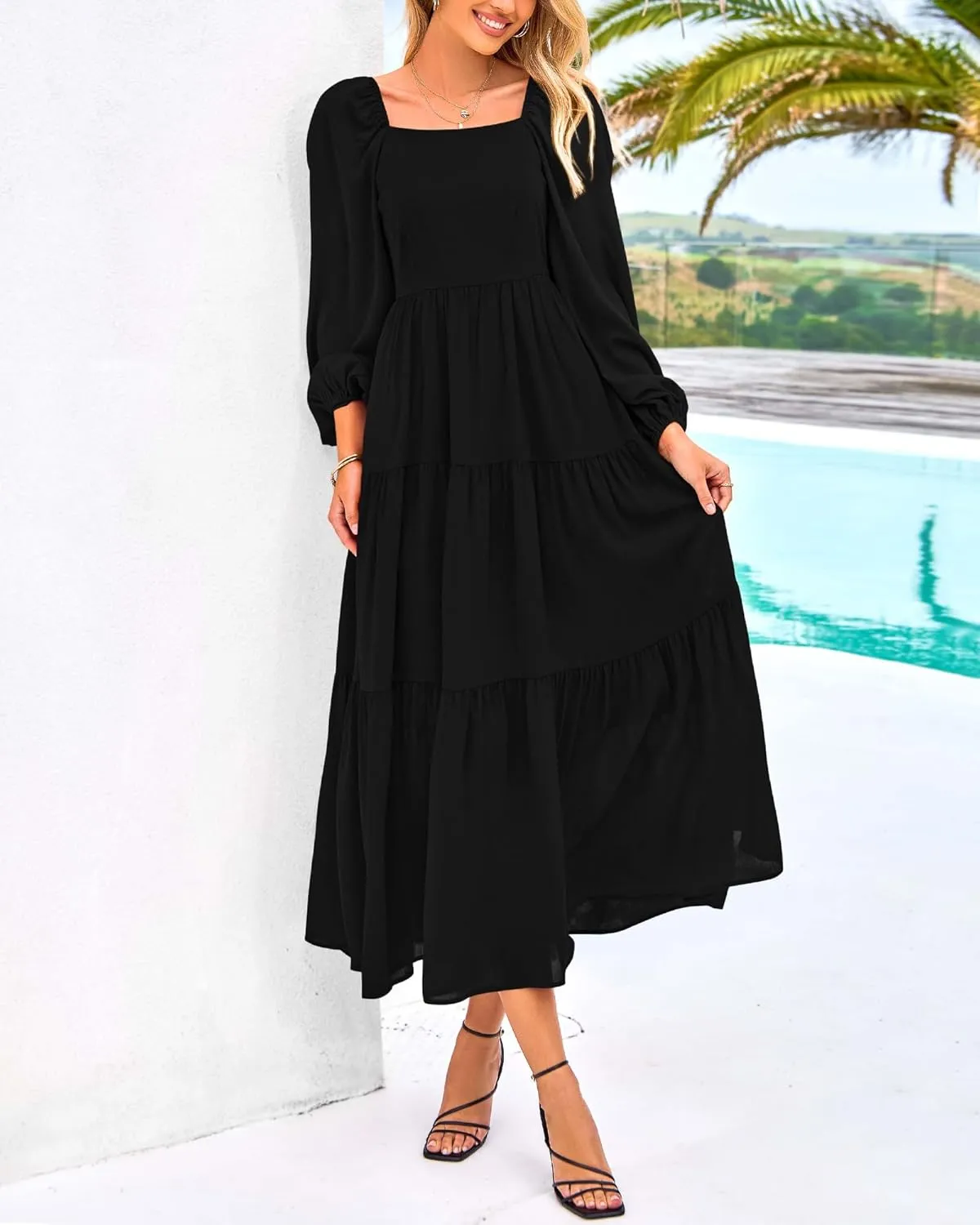 BTFBM Women Formal Dress Spring Square Neck Puff Long Sleeve Smocked Tiered Flowy Wedding Guest Maxi Dresses Pockets