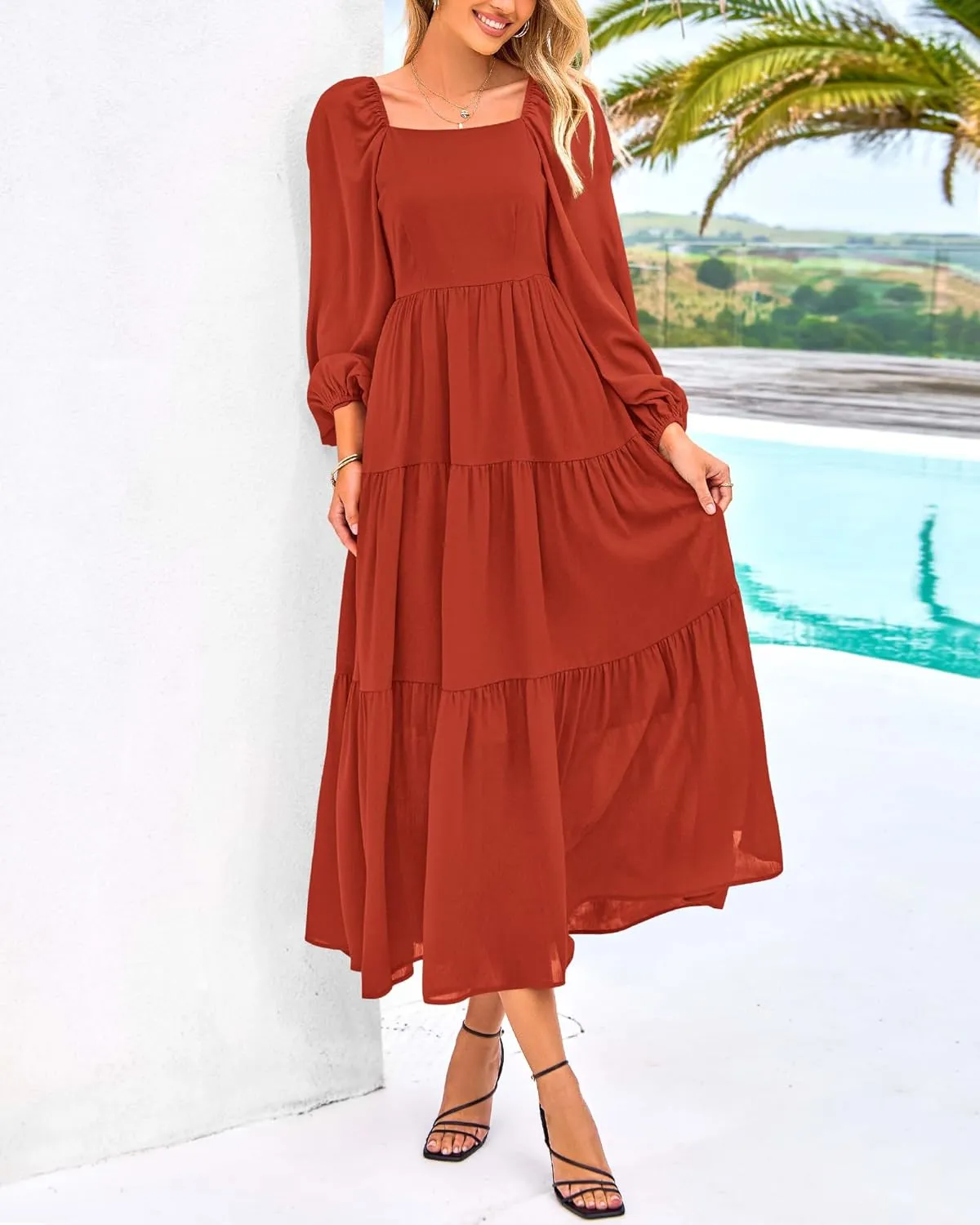 BTFBM Women Formal Dress Spring Square Neck Puff Long Sleeve Smocked Tiered Flowy Wedding Guest Maxi Dresses Pockets