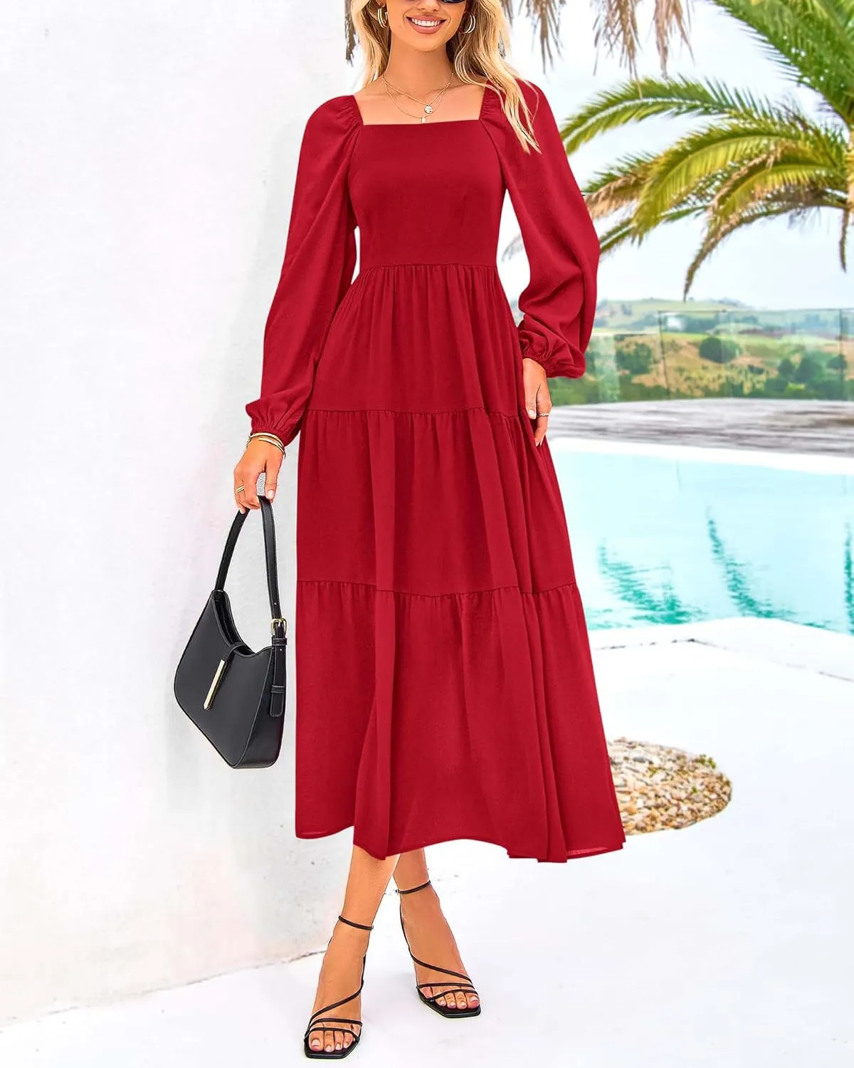 BTFBM Women Formal Dress Spring Square Neck Puff Long Sleeve Smocked Tiered Flowy Wedding Guest Maxi Dresses Pockets