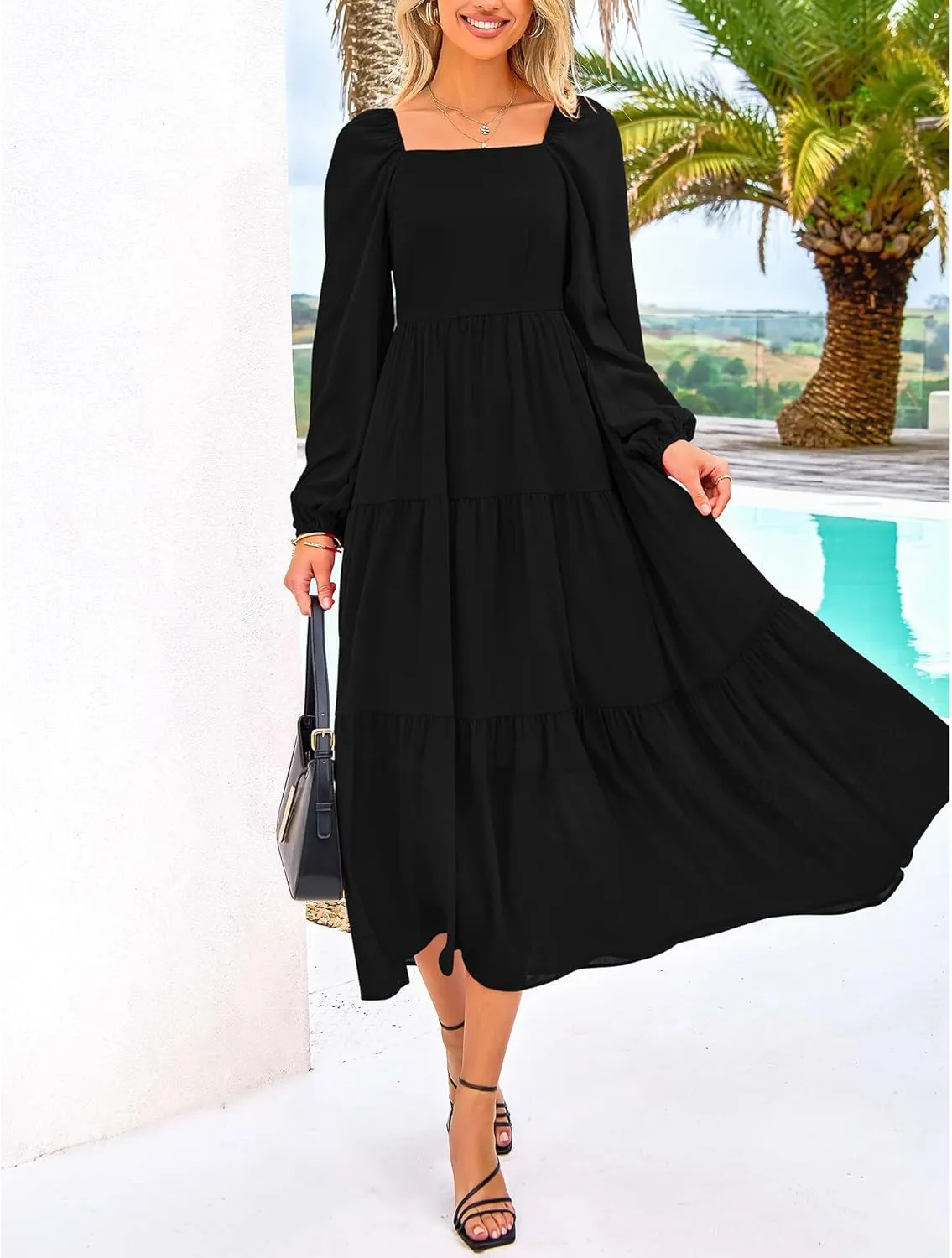 BTFBM Women Formal Dress Spring Square Neck Puff Long Sleeve Smocked Tiered Flowy Wedding Guest Maxi Dresses Pockets