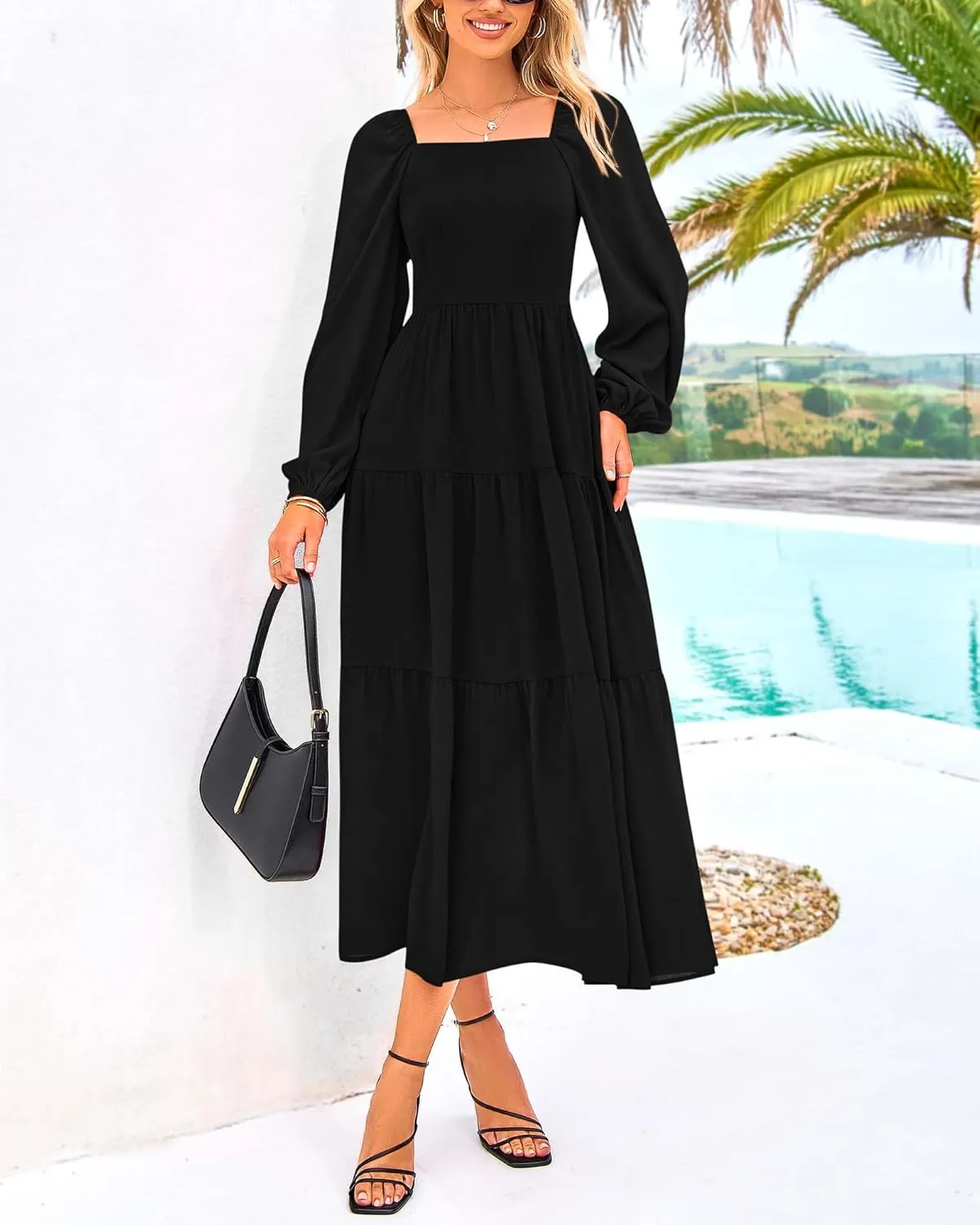 BTFBM Women Formal Dress Spring Square Neck Puff Long Sleeve Smocked Tiered Flowy Wedding Guest Maxi Dresses Pockets