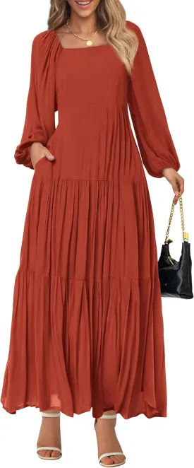 BTFBM Women Formal Dress Spring Square Neck Puff Long Sleeve Smocked Tiered Flowy Wedding Guest Maxi Dresses Pockets