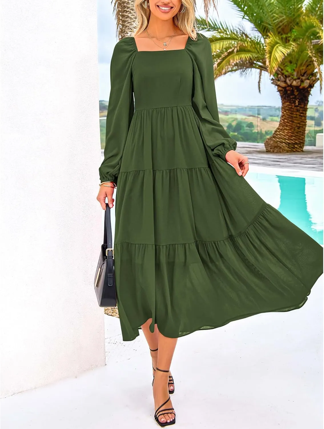 BTFBM Women Formal Dress Spring Square Neck Puff Long Sleeve Smocked Tiered Flowy Wedding Guest Maxi Dresses Pockets