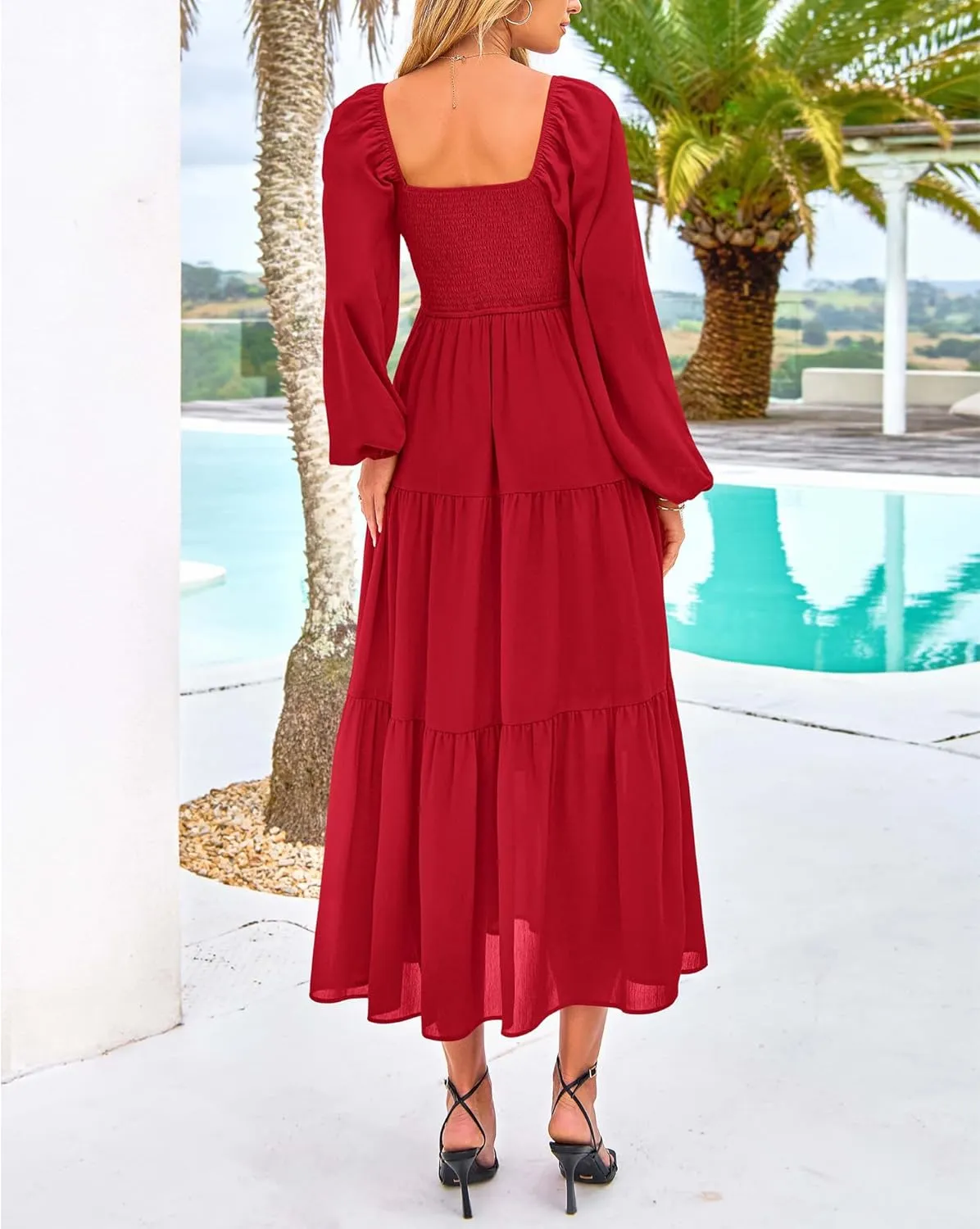 BTFBM Women Formal Dress Spring Square Neck Puff Long Sleeve Smocked Tiered Flowy Wedding Guest Maxi Dresses Pockets