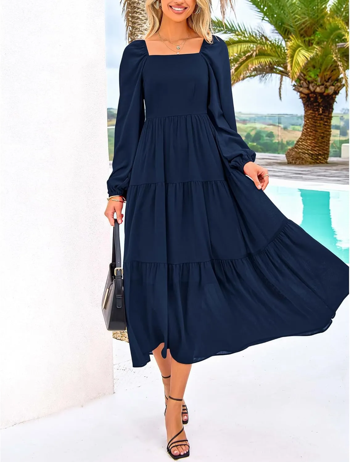 BTFBM Women Formal Dress Spring Square Neck Puff Long Sleeve Smocked Tiered Flowy Wedding Guest Maxi Dresses Pockets