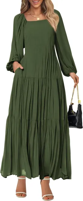 BTFBM Women Formal Dress Spring Square Neck Puff Long Sleeve Smocked Tiered Flowy Wedding Guest Maxi Dresses Pockets