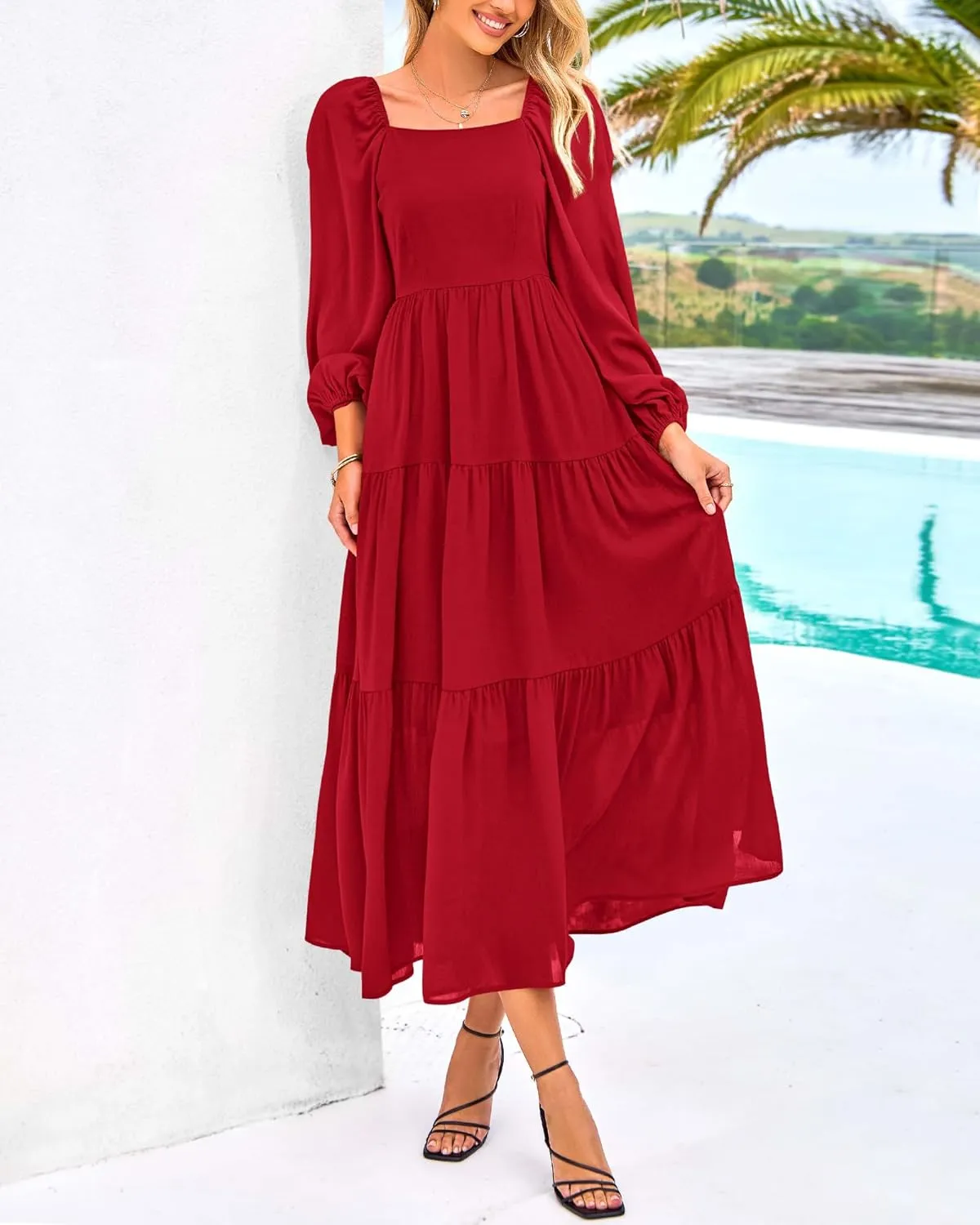 BTFBM Women Formal Dress Spring Square Neck Puff Long Sleeve Smocked Tiered Flowy Wedding Guest Maxi Dresses Pockets