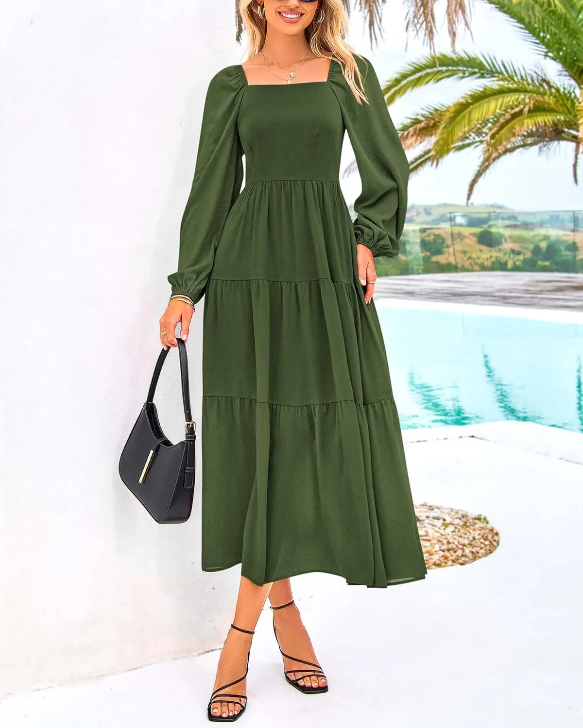 BTFBM Women Formal Dress Spring Square Neck Puff Long Sleeve Smocked Tiered Flowy Wedding Guest Maxi Dresses Pockets