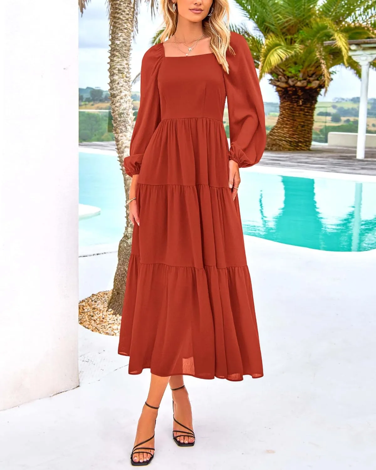BTFBM Women Formal Dress Spring Square Neck Puff Long Sleeve Smocked Tiered Flowy Wedding Guest Maxi Dresses Pockets