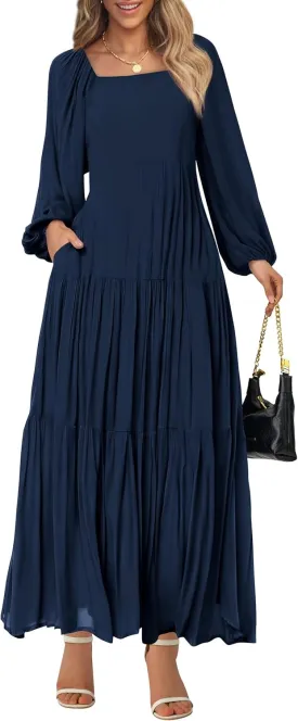 BTFBM Women Formal Dress Spring Square Neck Puff Long Sleeve Smocked Tiered Flowy Wedding Guest Maxi Dresses Pockets