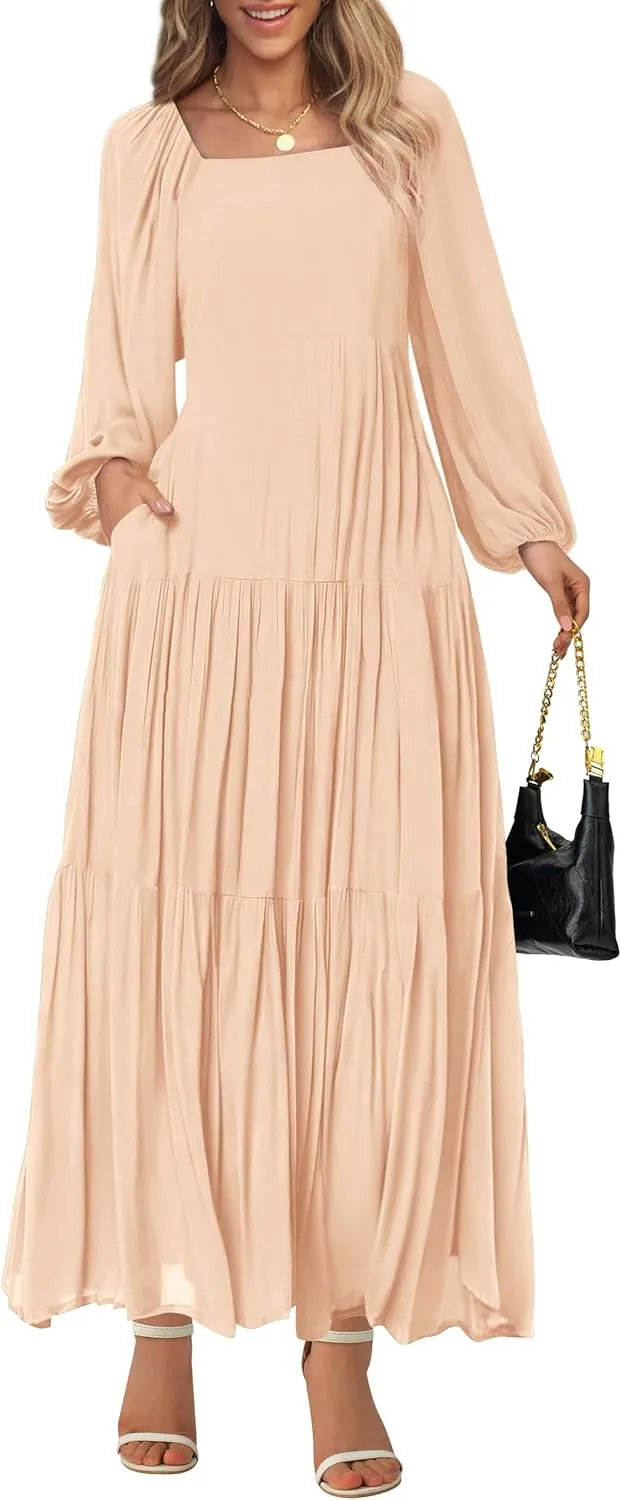 BTFBM Women Formal Dress Spring Square Neck Puff Long Sleeve Smocked Tiered Flowy Wedding Guest Maxi Dresses Pockets