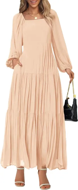 BTFBM Women Formal Dress Spring Square Neck Puff Long Sleeve Smocked Tiered Flowy Wedding Guest Maxi Dresses Pockets