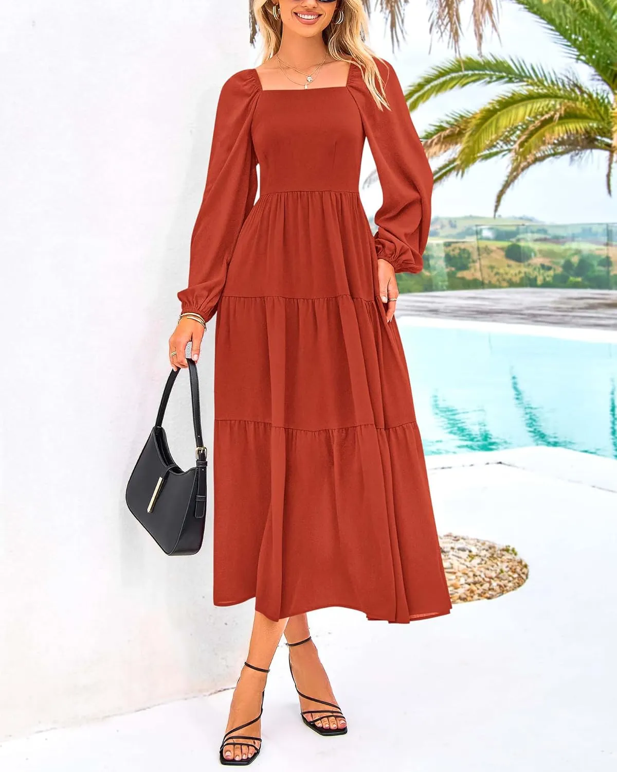 BTFBM Women Formal Dress Spring Square Neck Puff Long Sleeve Smocked Tiered Flowy Wedding Guest Maxi Dresses Pockets
