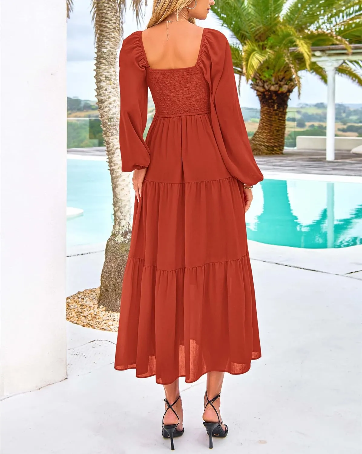 BTFBM Women Formal Dress Spring Square Neck Puff Long Sleeve Smocked Tiered Flowy Wedding Guest Maxi Dresses Pockets