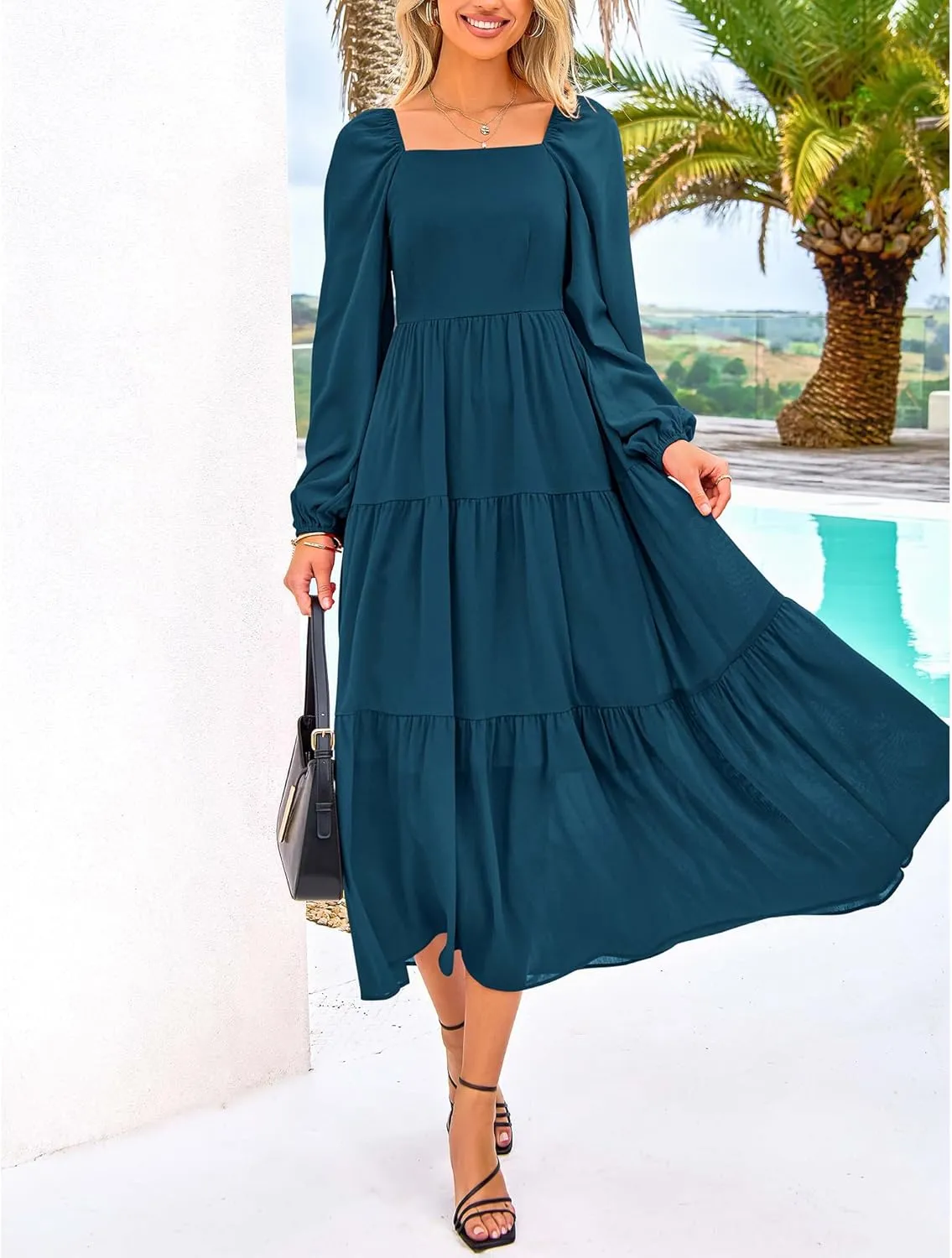 BTFBM Women Formal Dress Spring Square Neck Puff Long Sleeve Smocked Tiered Flowy Wedding Guest Maxi Dresses Pockets